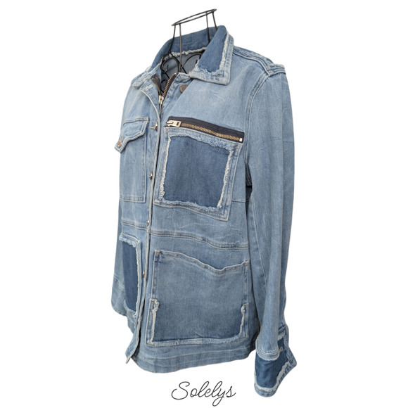 Zadig & Voltaire Kick Destroy Distressed Pocket Patchwork Blue Jean Denim Jacket - Picture 4 of 11